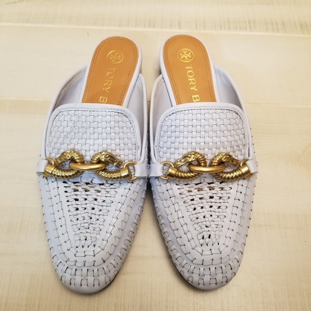 {6M} Tory Burch Jessa Woven Backless Loafer Icy Blue - Picture 2 of 15